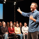 **A captivating storyteller on stage:** A charismatic speaker with a warm smile, passionately delivering a presentation, using hand gestures, with a captivated audience hanging on every word. Focus on the speaker's connection with the audience and the emotional atmosphere of the scene.