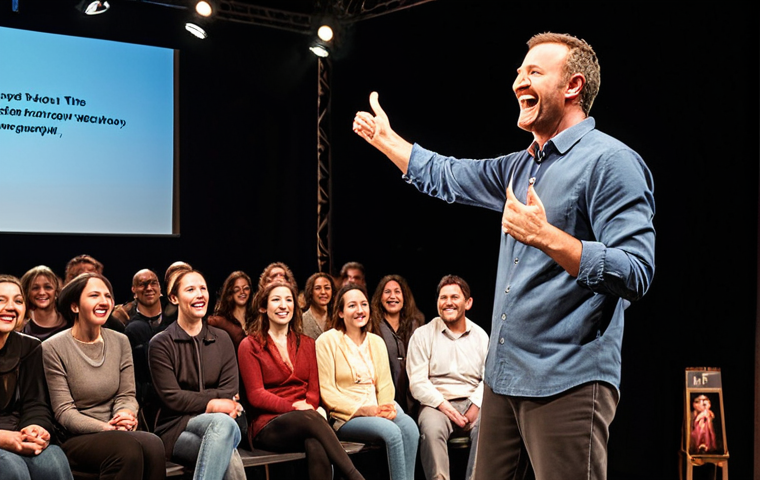 **A captivating storyteller on stage:** A charismatic speaker with a warm smile, passionately delivering a presentation, using hand gestures, with a captivated audience hanging on every word. Focus on the speaker's connection with the audience and the emotional atmosphere of the scene.