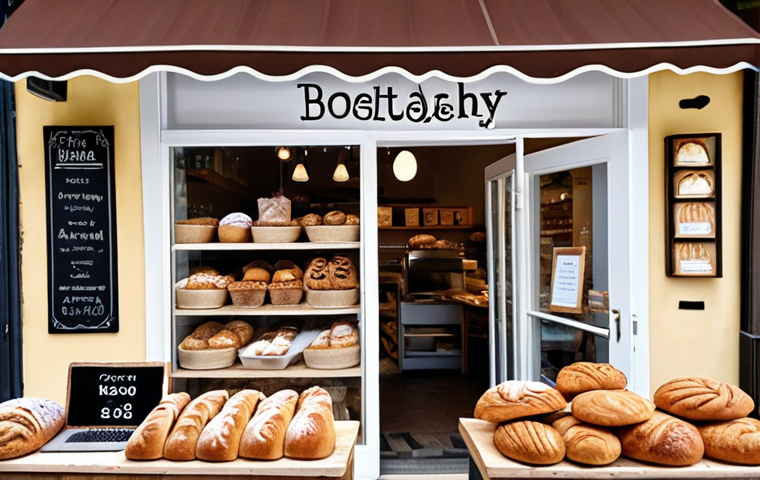 Artisan Bakery & Digital Marketing**
Prompt: A cozy artisan bakery storefront with a beautiful display of fresh bread and pastries. In the background, subtly incorporate digital marketing elements like a social media icon (Instagram), a smartphone displaying an enticing photo of baked goods, and a laptop with SEO analytics visible on the screen. Focus on a warm, inviting atmosphere with friendly staff.
**