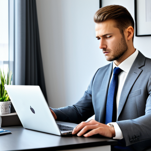 A focused professional, fully clothed in a modest business suit, seated at a sleek desk in a bright, modern home office. They are intently typing on a laptop, with a well-organized workspace including a professional certification document and notes indicating company research. The ambiance is one of thoughtful dedication and confidence. safe for work, appropriate content, fully clothed, professional, perfect anatomy, correct proportions, natural pose, well-formed hands, proper finger count, natural body proportions.