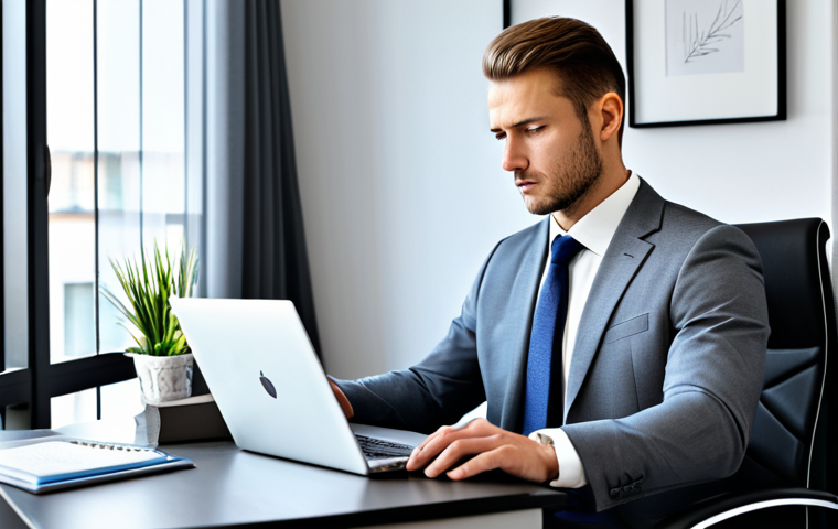 A focused professional, fully clothed in a modest business suit, seated at a sleek desk in a bright, modern home office. They are intently typing on a laptop, with a well-organized workspace including a professional certification document and notes indicating company research. The ambiance is one of thoughtful dedication and confidence. safe for work, appropriate content, fully clothed, professional, perfect anatomy, correct proportions, natural pose, well-formed hands, proper finger count, natural body proportions.