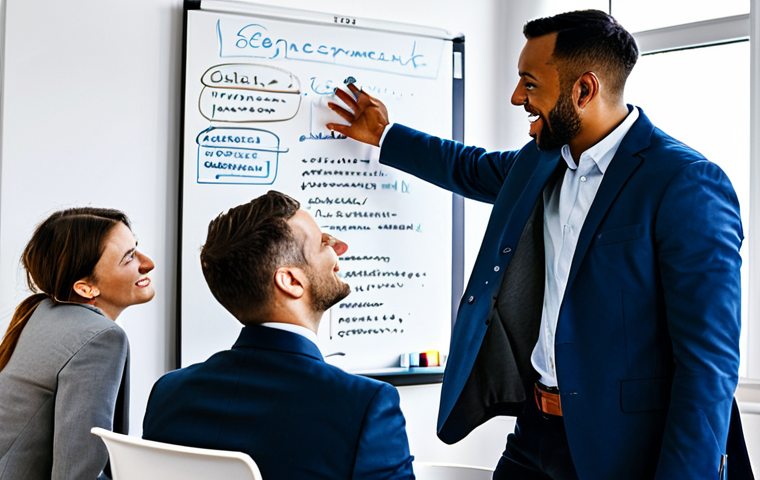 **

A group of diverse professionals brainstorming in a modern, sunlit Parisian office. They are dressed in appropriate business attire, fully clothed, engaged in a lively discussion around a whiteboard filled with marketing strategies. The whiteboard features terms like "Segmentation," "Ciblage," "Positionnement (STP)," and various KPI acronyms. The atmosphere is collaborative and creative. safe for work, perfect anatomy, natural pose, professional environment, appropriate content, modest clothing.

**
