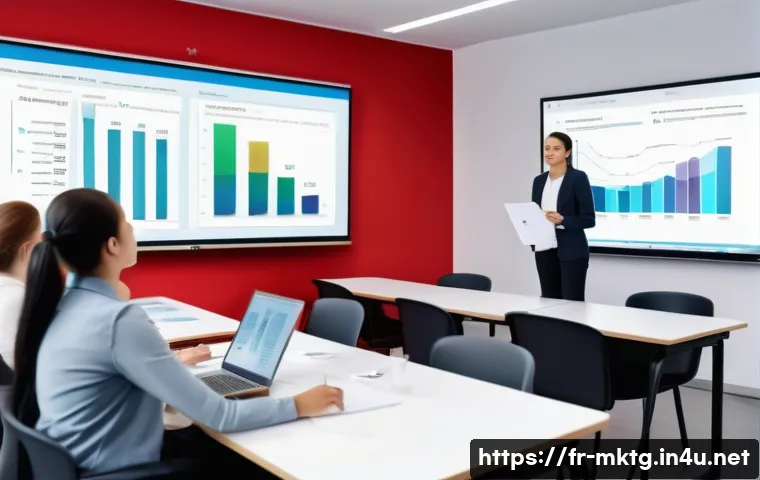 마케팅관리사 관련 정부 지원 혜택 - A professional French marketing training classroom scene, with diverse adult learners sitting at des...