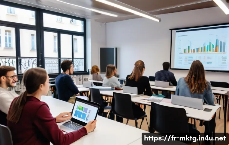 마케팅관리사 시험 난이도 분석 - A modern French classroom scene focused on marketing exam preparation: a diverse group of young adul...