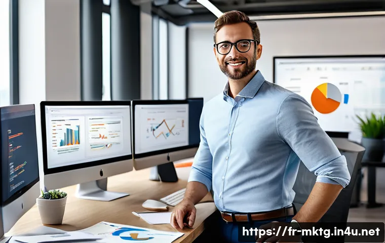 마케팅관리사 자격증 소지자 인터뷰 - A professional French marketing manager in a modern office setting, using multiple digital tools on ...