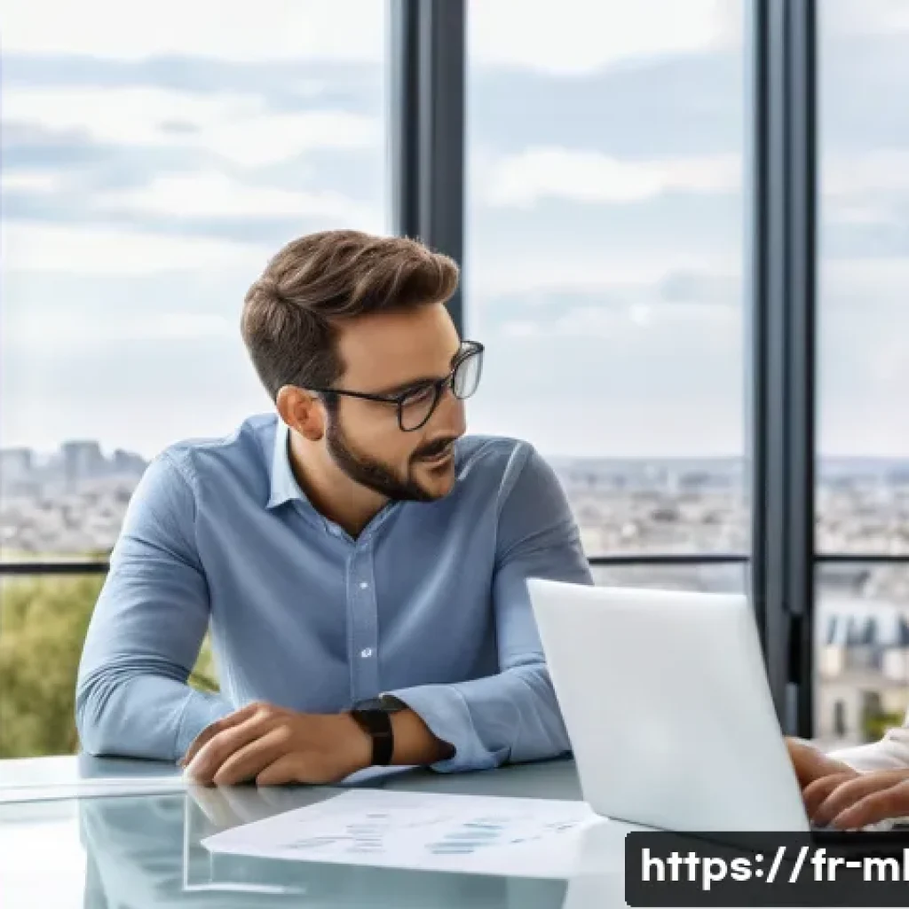 마케팅관리사 취득 후 커리어 멘토링 참여 - A professional mentoring session in a modern French office setting, featuring a mid-30s male marketi...