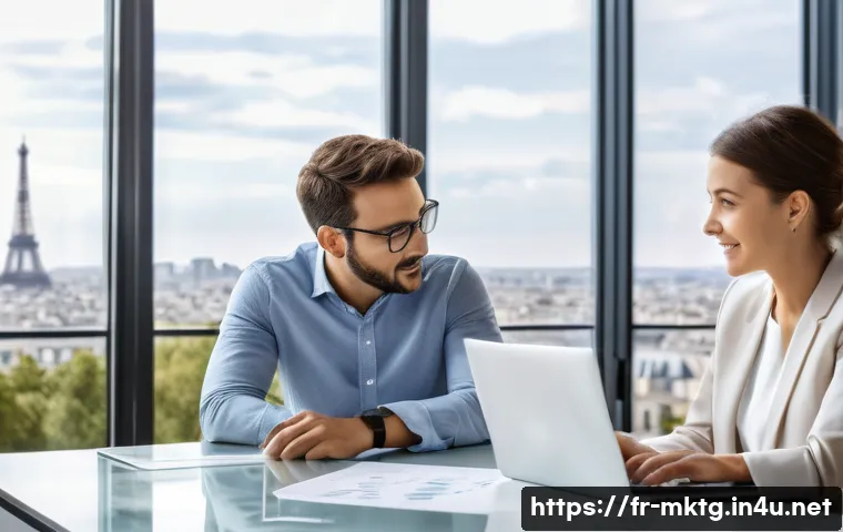 마케팅관리사 취득 후 커리어 멘토링 참여 - A professional mentoring session in a modern French office setting, featuring a mid-30s male marketi...