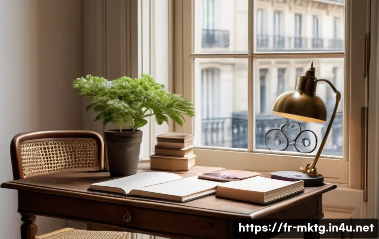 마케팅관리사 필기 시험에서 시간 관리 방법 - A modern, well-organized study corner in a cozy Parisian apartment, featuring a tidy wooden desk wit...