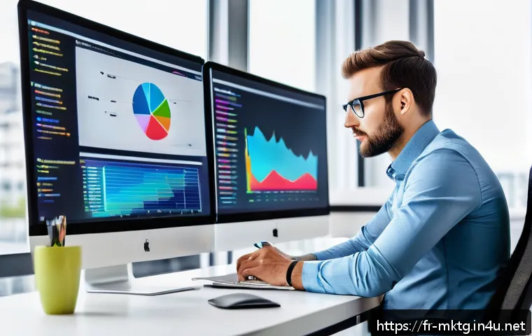 마케팅관리사 취업 성공 사례 - A modern marketing professional in a bright, sleek office setting, working intently on a large dual-...
