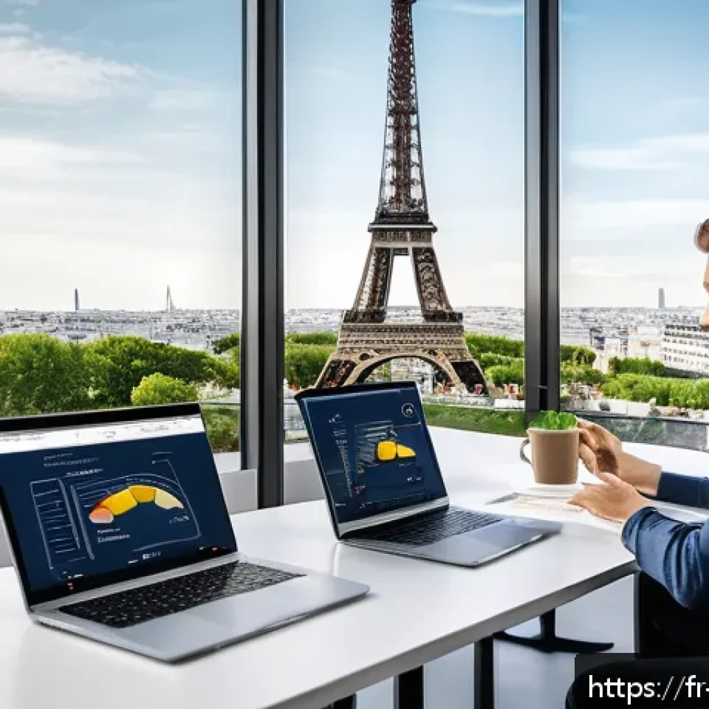 마케팅관리사 공부에 도움 되는 참고서 - A modern digital marketing team in a bright Parisian office, collaborating around a large touchscree...