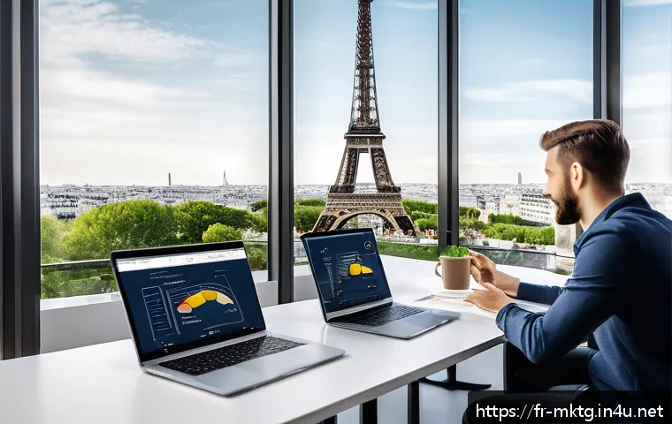 마케팅관리사 공부에 도움 되는 참고서 - A modern digital marketing team in a bright Parisian office, collaborating around a large touchscree...