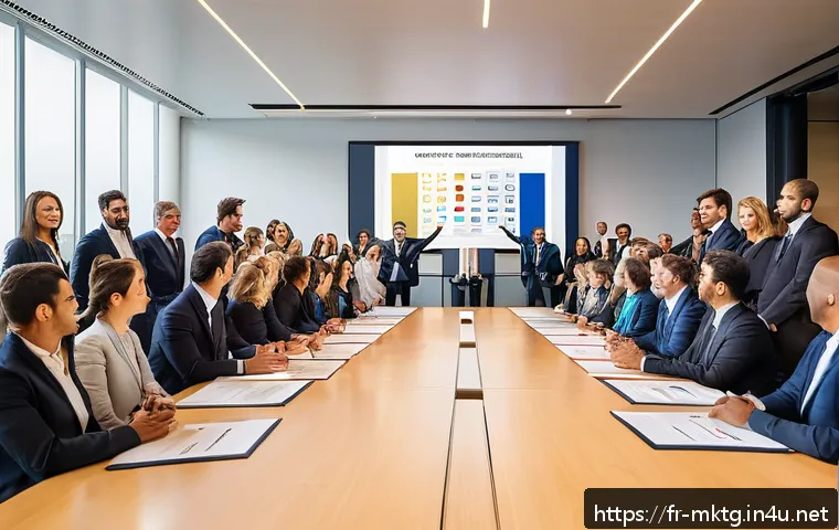 마케팅관리사 자격증 연봉 상승 효과 - A professional marketing certification ceremony in a modern conference room in Paris, featuring dive...