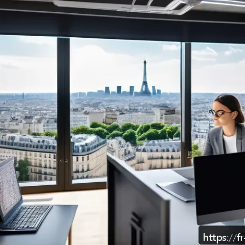 마케팅관리사 취업 사례와 성공 전략 - A professional marketing workspace scene featuring a young French marketing specialist analyzing dat...