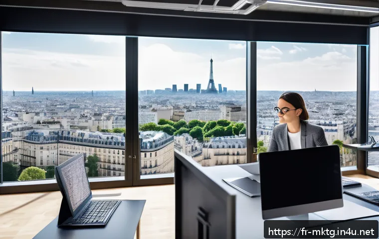 마케팅관리사 취업 사례와 성공 전략 - A professional marketing workspace scene featuring a young French marketing specialist analyzing dat...