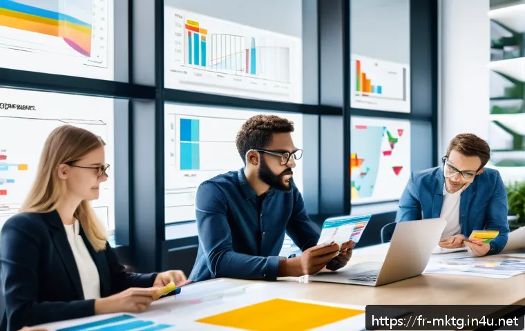 마케팅관리사와 광고 기획 업무 연관성 - A modern marketing team in a bright Parisian office, diverse professionals analyzing colorful data c...