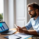 마케팅관리사 자격증 취득 후 블로그 운영법 - A professional French marketing blogger working at a modern desk with a laptop, surrounded by notes ...