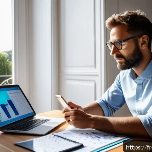 마케팅관리사 자격증 취득 후 블로그 운영법 - A professional French marketing blogger working at a modern desk with a laptop, surrounded by notes ...