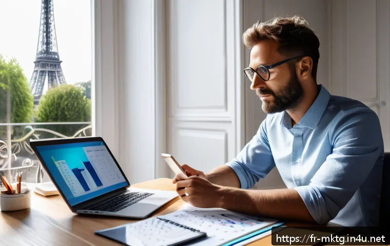 마케팅관리사 자격증 취득 후 블로그 운영법 - A professional French marketing blogger working at a modern desk with a laptop, surrounded by notes ...