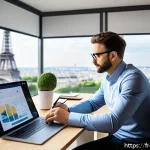 마케팅관리사 관련 도서 추천 - A modern digital marketing workspace scene featuring a professional French marketer in smart casual ...