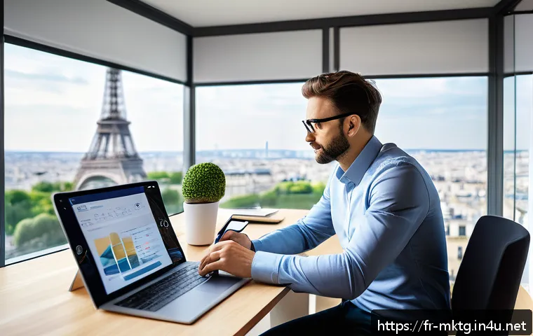 마케팅관리사 관련 도서 추천 - A modern digital marketing workspace scene featuring a professional French marketer in smart casual ...